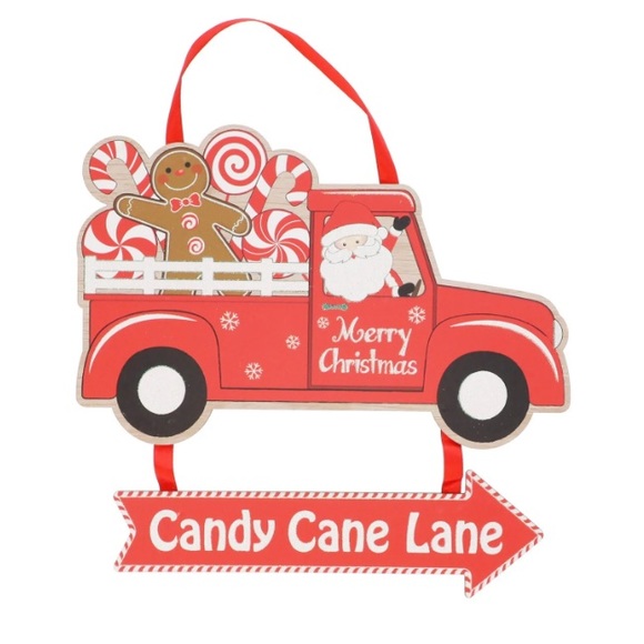 NWT Wooden Glitter Merry Christmas Santa Truck Candy Cane Lane➡️ Decoration Sign - Picture 11 of 12